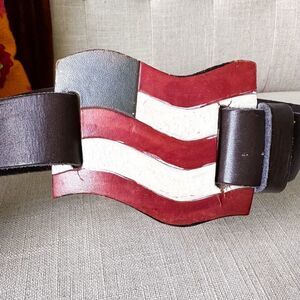 Vintage American Flag Leather Wide Buckle Belt Men's 32/34 Women's XL Unisex